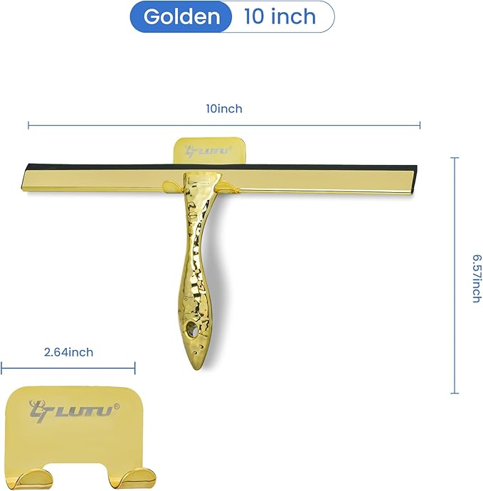 All-Purpose Silicone Shower Squeegee for Shower Glass Door,with 1 Hooks,for Bathroom Glass, Car, Tile Wall, Mirror Cleaning - Flower Shaped Handle for Easy-Grip 10 Inch Golden