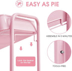 TOOLF 3-Tier Metal Rolling Cart with Wheels, Storage Utility Organizer Cart for Kitchen, Bathroom, Office, Baby Essentials & Makeup - Lockable Casters, Easy Assembly, Large Capacity, Pink