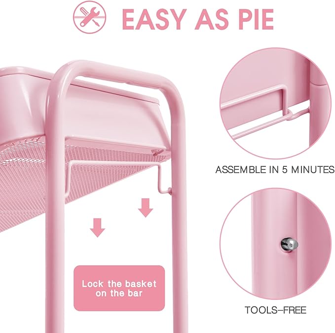 TOOLF 3-Tier Metal Rolling Cart with Wheels, Storage Utility Organizer Cart for Kitchen, Bathroom, Office, Baby Essentials & Makeup - Lockable Casters, Easy Assembly, Large Capacity, Pink