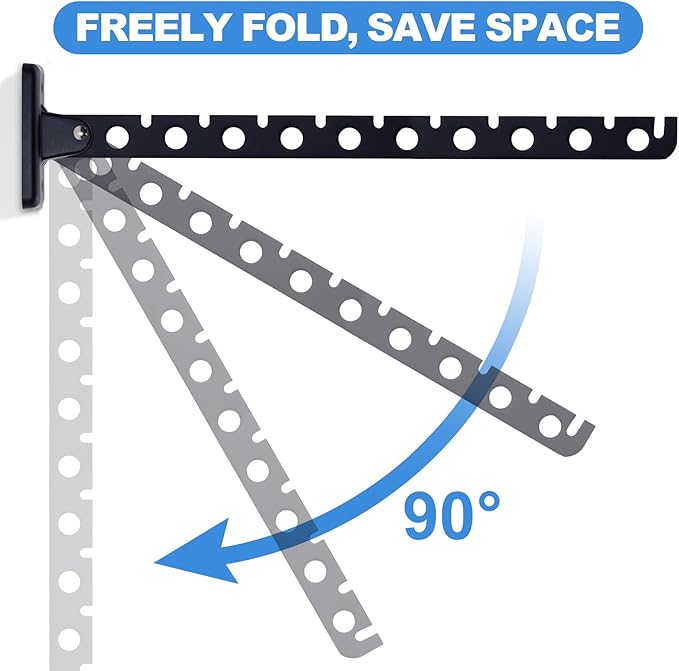 ACNISM Wall Mounted Clothes Rack, Laundry Room Hanging Rack, Retractable & Foldable Drying Rack with 180° Rotation, Space-Saver for Laundry Room & Bedroom, Bathroom Closet Storage, 2-Pack, Black