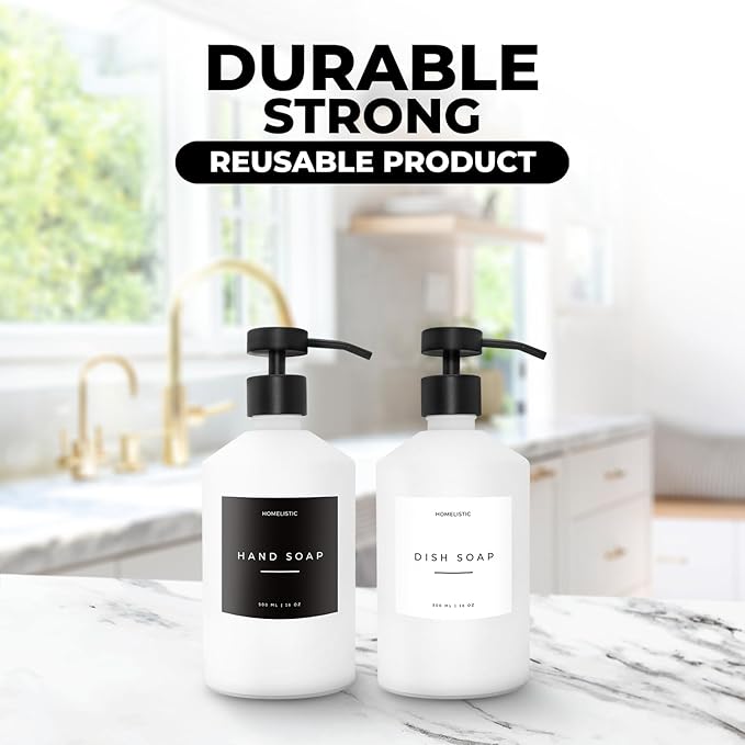 Luxury Glass Soap Dispenser Set of 2 - Elegant Aesthetic White Glass Bottles with Modern Matte Black Stainless Steel Pumps, Ideal for Kitchen, Bathroom, Hand Soap, Dish Soap, and More.