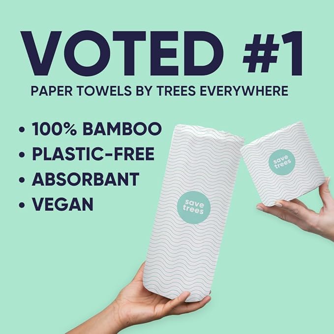 Save Trees Bamboo Paper Towels 6pk - 750 Sheets Paper Towels Rolls Ultra Absorbent & Durable Eco-Friendly - FSC-Certified, totally Plastic-Free, and Vegan