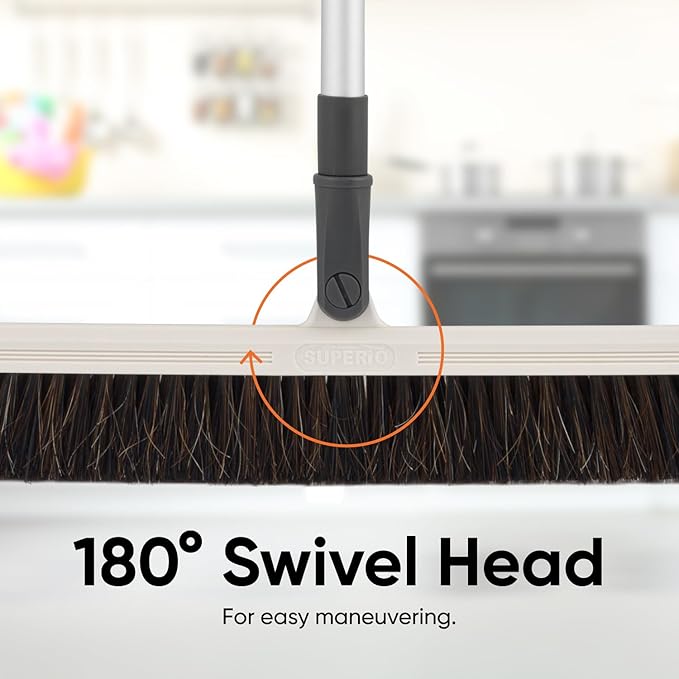 Horse Hair Broom for Hardwood Floors – 18" Soft Bristle Narrow Thin Swivel Upright Dust Broom for Dog Hair, Kitchen & Home Use – 54" Long Handle