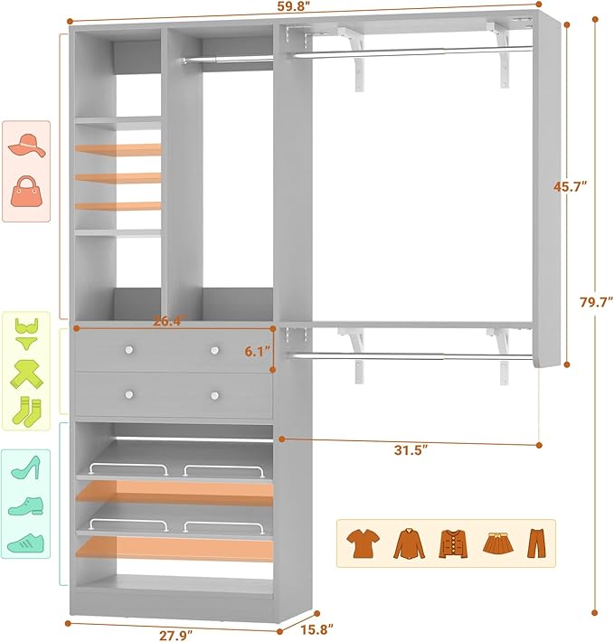 Closet System with 2 Drawers - Reversible 5FT Wood Closet Organizer System with 3 Hanging Rods and Adjustable Shelf Shoe Rack, Morandi Grey