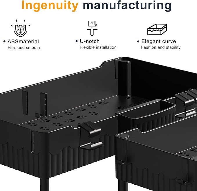 2 Pack Under Sink Organizer, Under Bathroom Cabinet Organizer with Hooks Hanging Cup, Multi-Purpose Storage Shelf for Kitchen Bathroom (Black, XL)