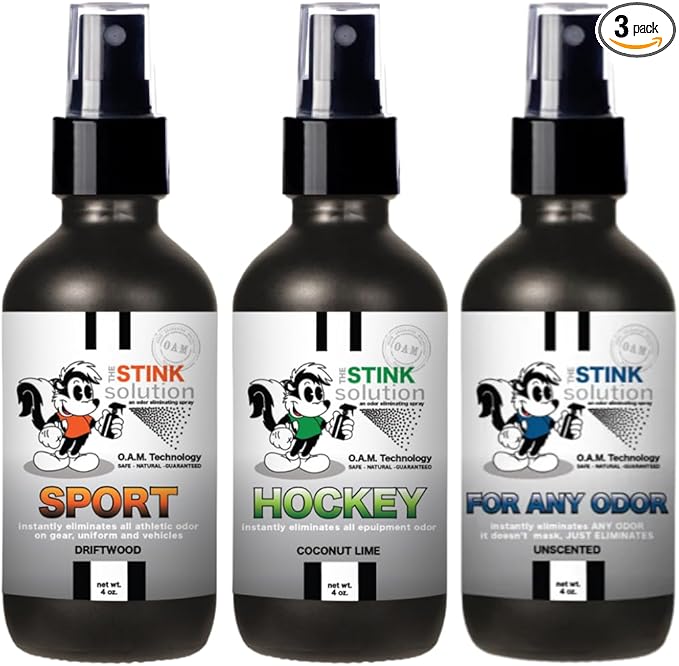 The Stink Solution Unscented, Sport, & Hockey Odor Eliminator Spray | Sports & Hockey Gear Deodorizer for Gloves, Cleats, Equipment, Shoes 3 4 oz Bottles in Unscented, Driftwood, & Coconut Lime Scents