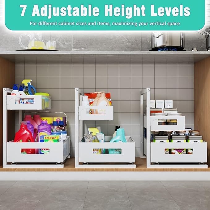 Under Sink Organizer Adjustable Height 2 Tier Bathroom Organizer Pull Out Cabinet Organer kitchen organizers and storage fridge organizers and storage,White,XL-1 Pack