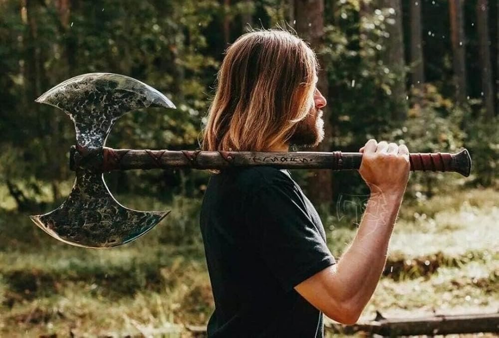 40” Two Handed Large Berserker Axe, Large Norse Axes,Scandinavian Style Viking Dane Ax Double Headed, Functional Viking Battle (Two Hand Large Double Headed Axe)