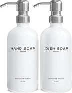 White Glass Hand and Dish Soap Dispenser Set by Brighter Barns - Modern Kitchen Soap Dispenser Set & Pump for Sink - Farmhouse Home Decor, Minimalist Kitchen Accessories (White)