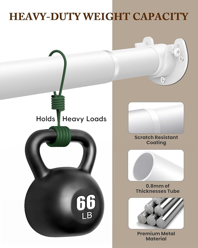 Closet Rod 17-84 IN, Heavy Duty Closet Rods for Hanging Clothes, Adjustable Closet Rods for Wardrobes Storage Laundry RV Bathroom, Easy Install, White