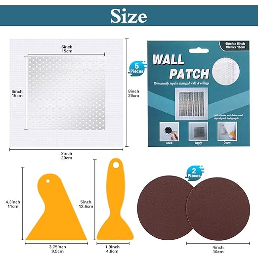 6'' by 6'' Wall Repair Patch, 5 Pcs Plasterboard Patch, Plaster Repair Kit, Safe Mend Plaster, Safemend Drywall Repair Adhesive, Filler for Walls Ceiling Hole, Self Adhesive Aluminum Mesh Wall Repair