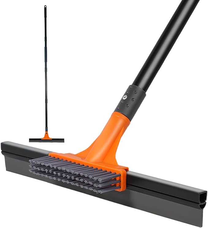 Rubber Floor Squeegee for Concrete Tile Floor, Large Water Squeegee Heavy Duty with Scrub Brush and Long Handle for Cleaning,Squeegee Broom for Window Garage Kitchen Bathroom Deck