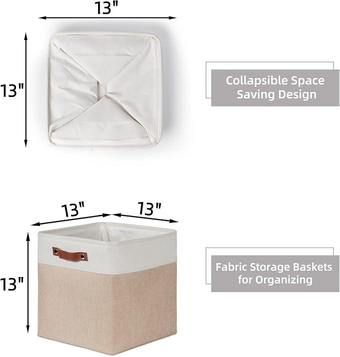 HNZIGE Set of 4 Fabric Storage Baskets (4 Pack), Large Baskets for Shelves, 13x13x13 Inch Storage Cubes with Leather Handles for Home, Toys, Clothes, Kids Room, Closet Storage (White & Beige)