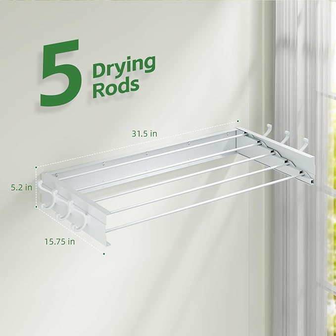 Wall Mounted Drying Rack 31.5", Foldable Laundry Clothes Drying Rack with 6 Towel Hooks and 5 Rods for Hanging Clothes, Space Saving for Indoor Outdoor Bathroom Balcony Laundry Room(31.5")