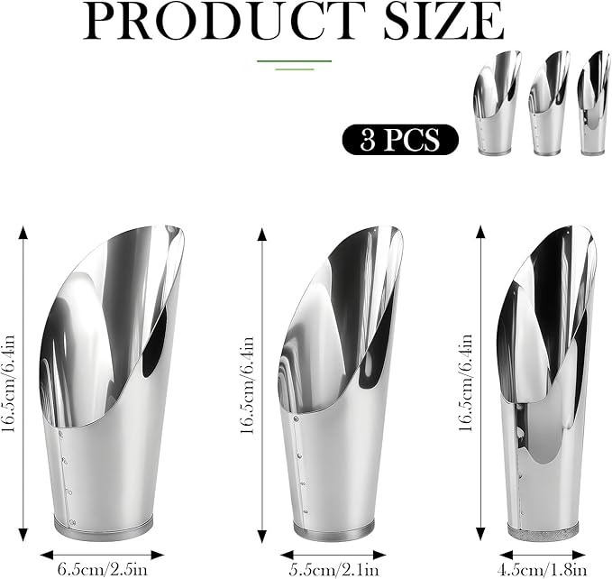 3pcs Stainless Steel Bonsai Soil Scoops–Gardening Silver Metal Spade Shovel Bucket Scoop for Potted Succulents and Planting
