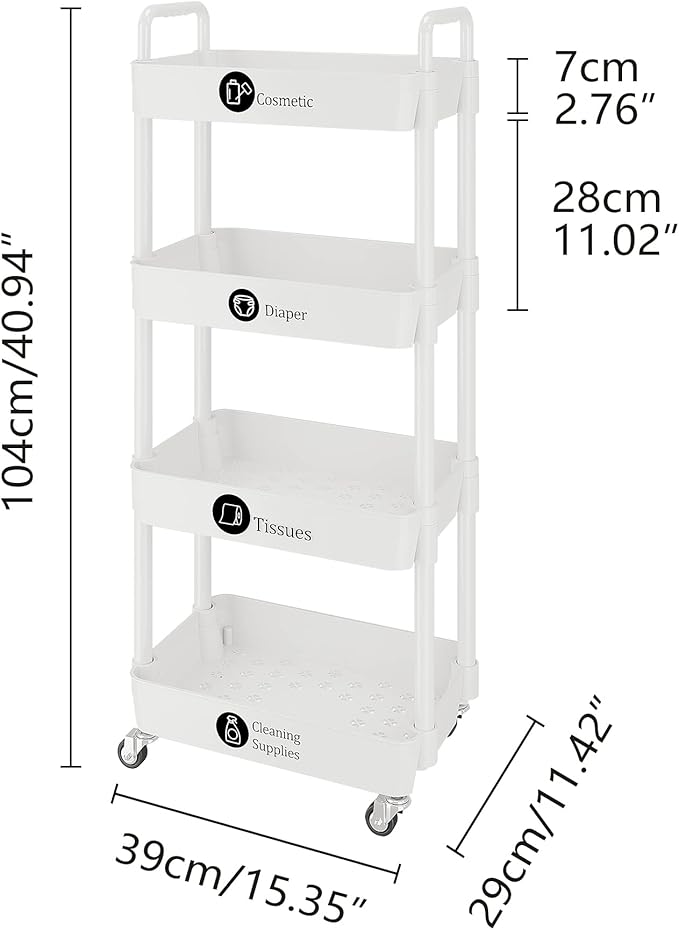 UDEAR 4-Tier Rolling Utility Cart with 12 Category Labels,Multifunctional Storage Shelves with Handle and Lockable Wheels for Room,Office,Kitchen,Bathroom,White