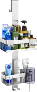 Over The Door Shower Caddy 2 Tier, 304 Stainless Steel Hanging Shower Caddy Rustproof Shower Shelves, No Drilling Hanging Shower Organizer for Bathroom Glass Door, Silver