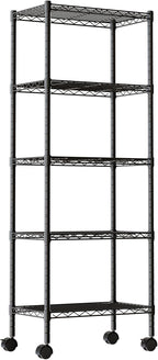 DUMOS Industrial 5 Level Grid Storage Rack ，Mobile Metallic Shelving System with Lockable Wheels， Multi-Purpose Cabinet for Workshop, Culinary Space, Storeroom, Washroom & Restroom Black