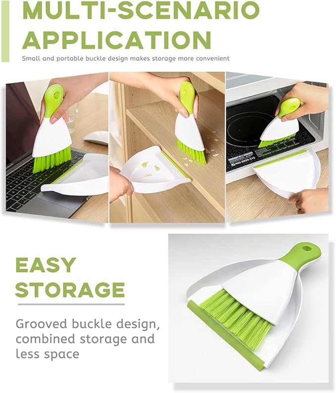 Small Hand Dust Pan and Brush - Small Broom and Dustpan Set, Mini Broom and Dustpan, Compact Dustpans and Brush for Home Cleaning, Sofa, Desk, Guinea Pig Cage, Cat Litter, etc. (Light Green)