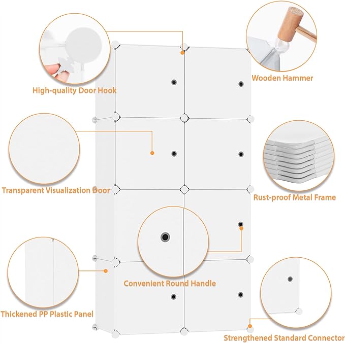 C&AHOME Cube Storage Organizer with Doors, 8-Cube Shelf, Closet Cabinet, DIY Plastic Modular Bookshelf, Storage Shelves Ideal for Bedroom,Living Room,24.8" L × 12.4" W × 48.4" H Milky UGSHS3008M