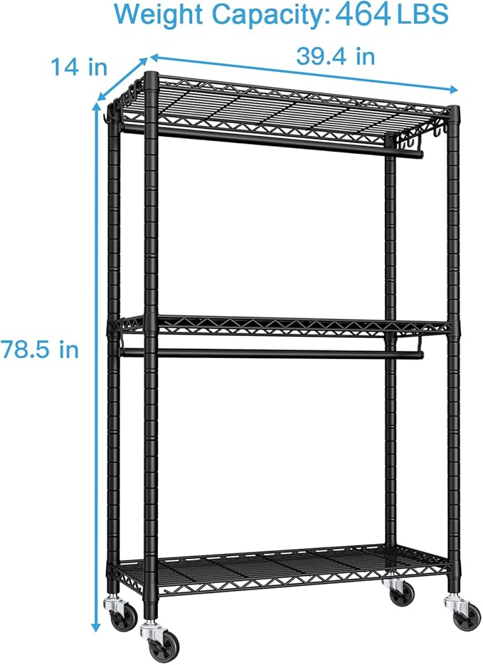 P3 Rolling Clothes Rack, Clothing Racks for Hanging Clothes, Heavy Duty Garment Rack with Wheels, Freestanding Portable Closet Organizer 39.4''W x 14''D x 78.5''H, Max Load 464 LBS, Black