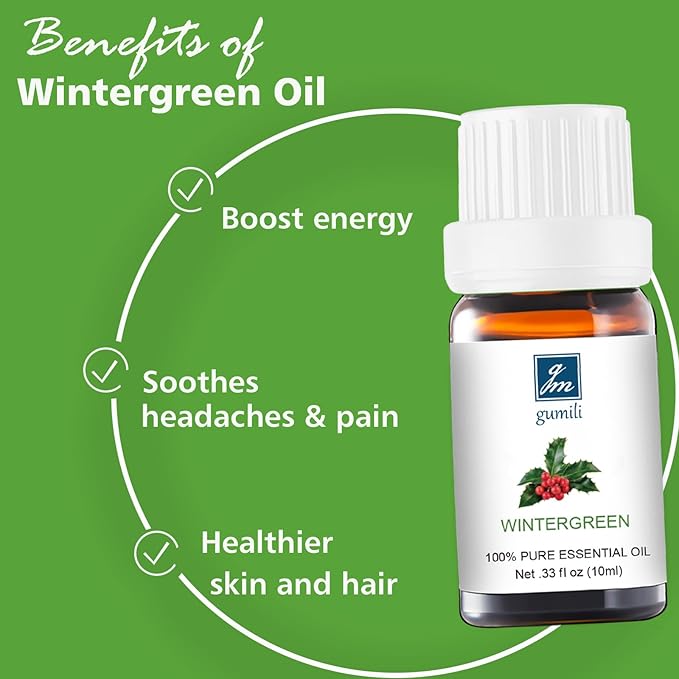 Wintergreen Essential Oil - Pure Organic Wintergreen Oil for Aromatherapy, Diffusers, Spray, Skin & Hair Care, Massage, Cleaning - 10mL