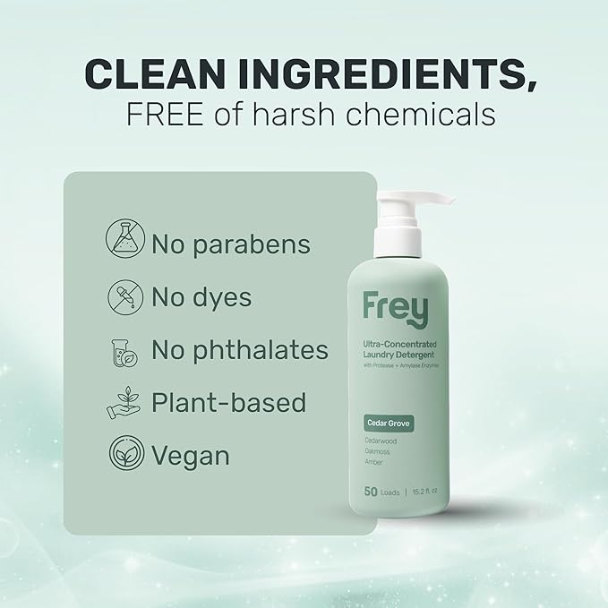 FREY Laundry Care Bundle: Concentrated Detergent & Fabric Softener, Cedar Grove Scent, HE-Compatible, Eco-Friendly