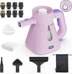 Steam Cleaner Handheld: 1200W Fast 10-Sec Heat-Up-750mL (25oz) Tank-No Cooling-Refill Anytime-Lockable Steam Trigger-14-Piece Kit Hand Held Steamer for Home Car Grout Tile Cleaning Pink