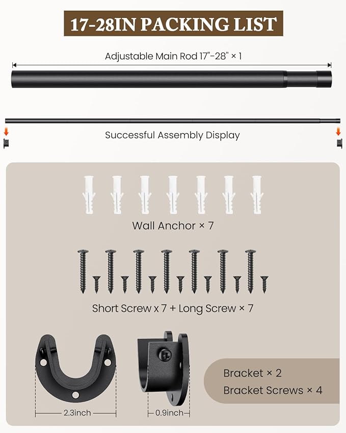 Closet Rod 17-28 IN, Heavy Duty Closet Rods for Hanging Clothes, Adjustable Closet Rods for Wardrobes Storage Laundry RV Bathroom, Easy Install, Black