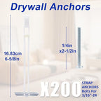 Heavy Duty Drywall Anchor Bolts with 1/4"-20 Fastener Suitable for TV Mounting Hollow Wall Anchor Bolt Screw Kit Supports Up to 270 lbs Each on 1/2 Inch Drywall Pack of 200