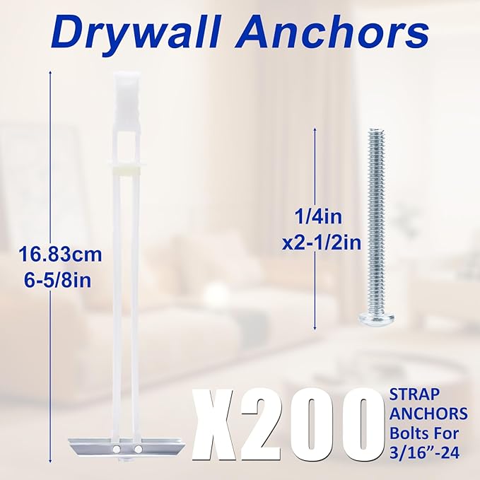 Heavy Duty Drywall Anchor Bolts with 1/4"-20 Fastener Suitable for TV Mounting Hollow Wall Anchor Bolt Screw Kit Supports Up to 270 lbs Each on 1/2 Inch Drywall Pack of 200