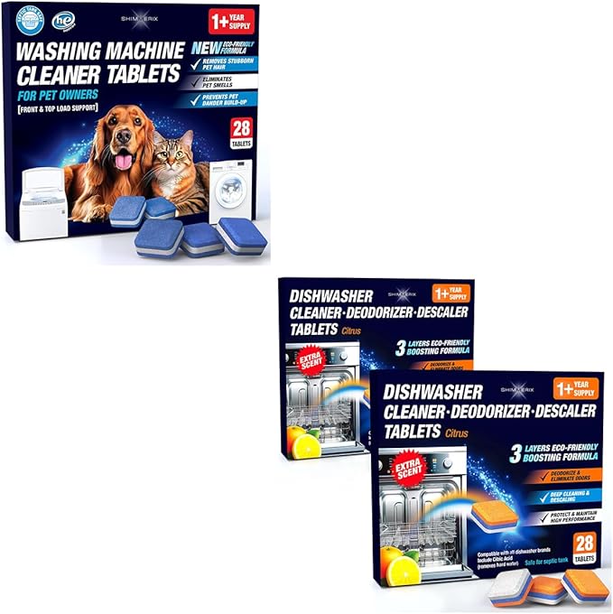 Washer & Dishwasher Cleaner Tablets - 2-in-1 Deep Cleaning for Pet Owners - Remove Pet Hair, Smells & Hard Water Build-Up - HE & Septic Safe - Scented Descaler Pods with Citric Acid - 56 Tabs, Citrus