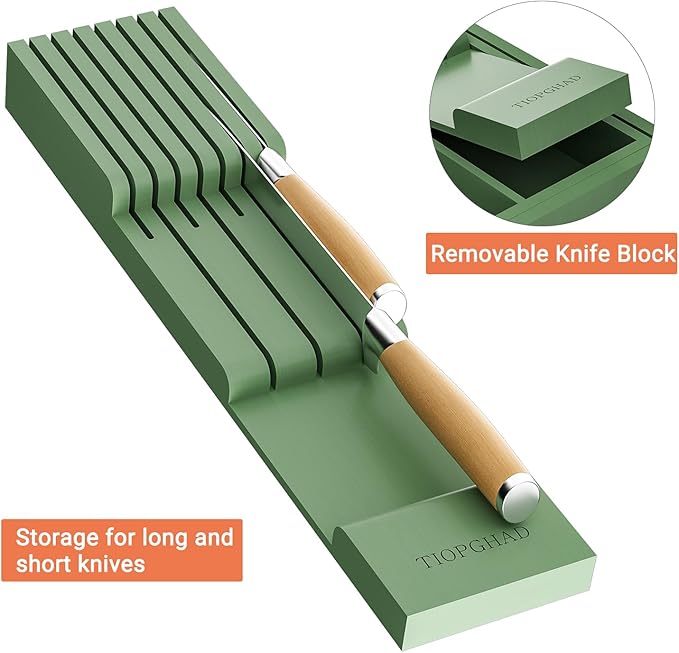 Bamboo-Silverware-Drawer-Organizer-Kitchen, Expandable Utensil Holder Cutlery Tray Flatware Organization Adjustable Wood Tableware Dividers Storage (with Removable Knife Block)(Grayish Green)