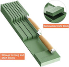 Bamboo-Silverware-Drawer-Organizer-Kitchen, Expandable Utensil Holder Cutlery Tray Flatware Organization Adjustable Wood Tableware Dividers Storage (with Removable Knife Block)(Grayish Green)