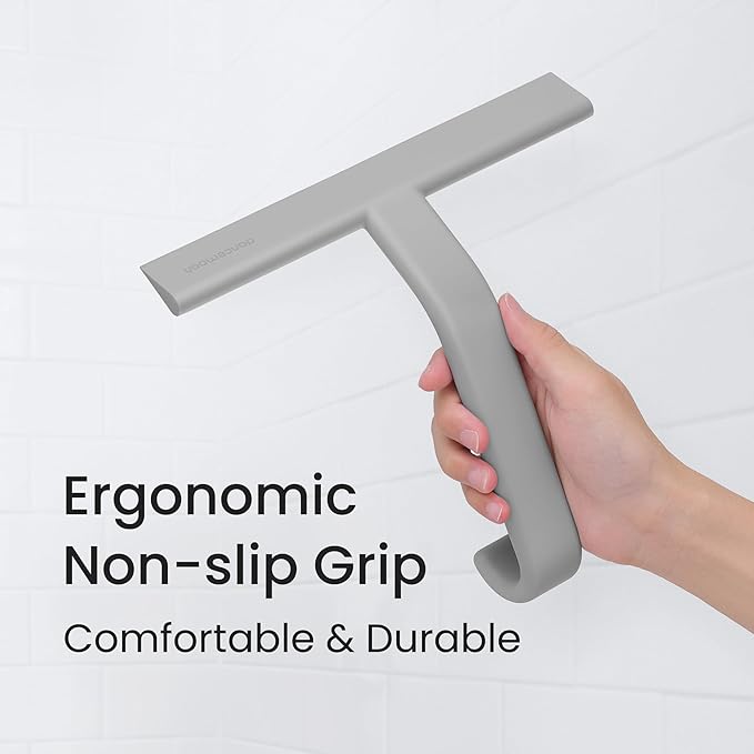 JustHang Shower Squeegee for Glass Doors, All-One-Piece Silicone with Built-in Hook Design for Easy Hanging and Cleaning, 10 Inch Gray