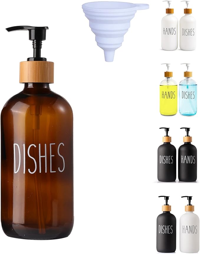 Dish Amber Glass Soap Dispenser with Plastic Pump, 16 Oz Brown Dish Soap Dispenser Set Refillable Reusable Apothecary Soap Pump Dispenser Bottles for Bathroom and Kitchen