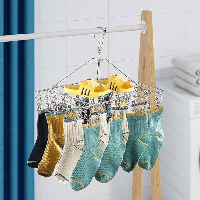 2 Pack Stainless Steel Sock Drying Rack with 80 Clips,360° Rotatable Windproof Hook Clothes Hanger Rack for Herb,Bras,Underwear,Baby Clothes,Hat,Scarf,Pants,Gloves,Towel and Laundry Accessories