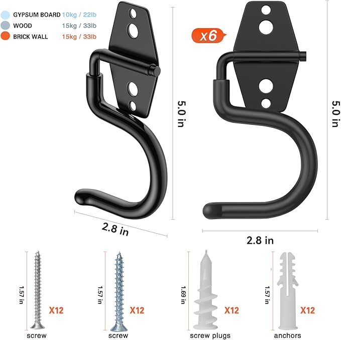 6 Pack Metal Garage Hooks, Heavy Duty S Hooks Tool Hangers for Garage Wall, Shed, Garden Storage Organizer