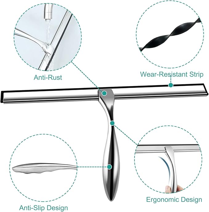 Shower Squeegee for Glass Doors,10-Inch Shower Glass Squeegee, Sliver Shower Squeegee for Shower Doors,Mirror,Windows, with Shower Door Hook and Adhesive Hook