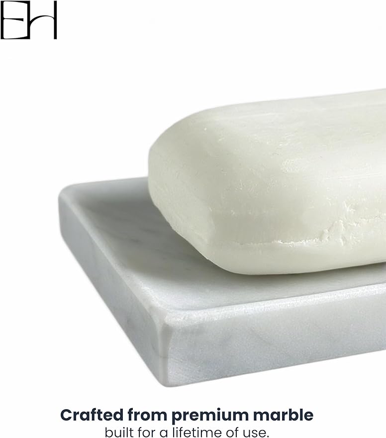 Natural Marble Soap Dish for Shower with Silicone Non-Slip Feet, Stone Drying Tray, Bar Soap Saver, Holder Container for Bathroom Decor Accessories(Carrara White, Rectangular)