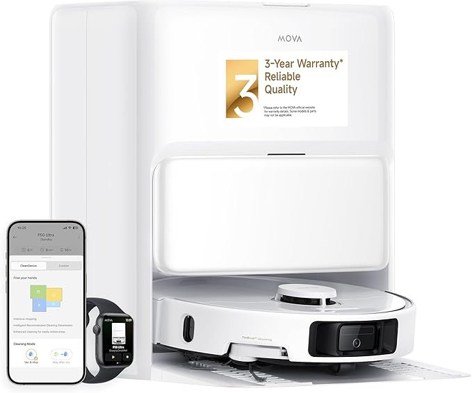 Mova P50 Ultra Robot Vacuum Cleaner with Flexible Mop, 19,000 Pa Suction Power with Anti-Tangle Brush, Corner and Edge Cleaning, 167℉ Automatic Cleaning & Self-Drying & Cleaning, Auto Empty & Refill