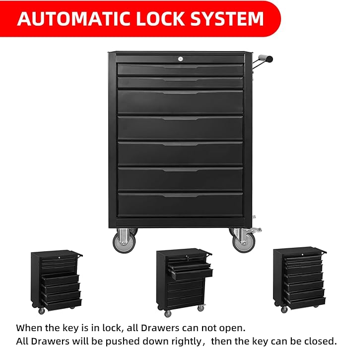 Tool Chest Cabinet, Large Capacity Metal Tool Box with Wheels and Cylinder Locking, Roll Around Storage Organizer Tool Cart for Garage, Redtool cabinets on Wheels (Black, 7-Drawer-Wheel)