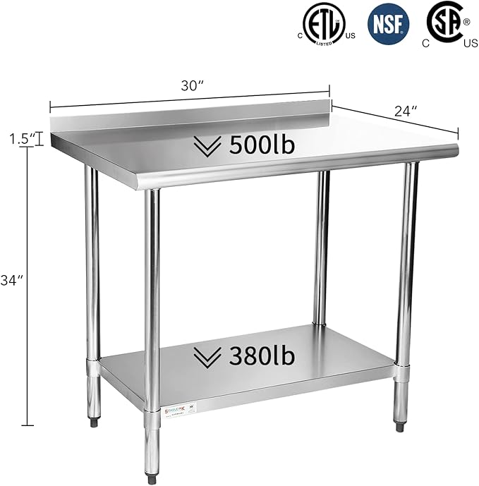 STABLEINK NSF Stainless Steel Table, 24 x 30 Inches Metal Prep & Work Table with Backsplash, Adjustable Undershelf and Table Foot, for Commercial Kitchen, Restaurant, Laundry Room and Garage