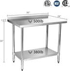 STABLEINK NSF Stainless Steel Table, 24 x 30 Inches Metal Prep & Work Table with Backsplash, Adjustable Undershelf and Table Foot, for Commercial Kitchen, Restaurant, Laundry Room and Garage