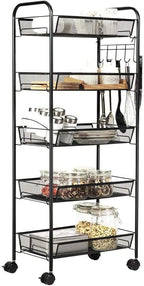 JANE EYRE 5-Tier Rolling Utility Storage Rack Cart on Wheels, Trolley Craft cart, Multi-Purpose Organizer Shelf, Black