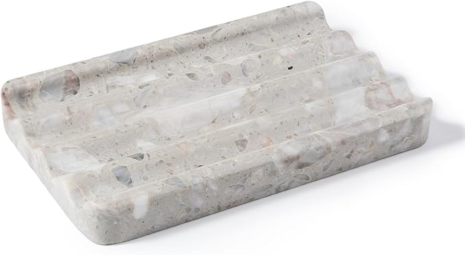 Soap Holder for Bathroom, Grey Marble Soap Dish for Kitchen Countertop, Soap Tray with Creative Wavy Design, Soap Saver for Bath Tub, Sponges, Italian Natural Stone