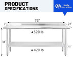 Hally Sinks & Tables HStainless Steel Table for Prep & Work 24 x 72 Inches, NSF Commercial Heavy Duty Table with Undershelf and Backsplash for Restaurant, Home and Hotel