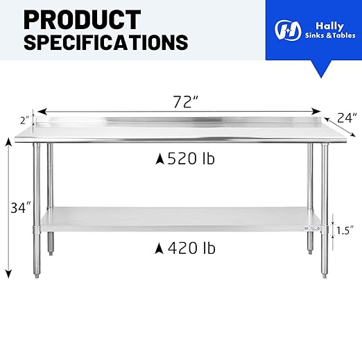 Hally Sinks & Tables HStainless Steel Table for Prep & Work 24 x 72 Inches, NSF Commercial Heavy Duty Table with Undershelf and Backsplash for Restaurant, Home and Hotel
