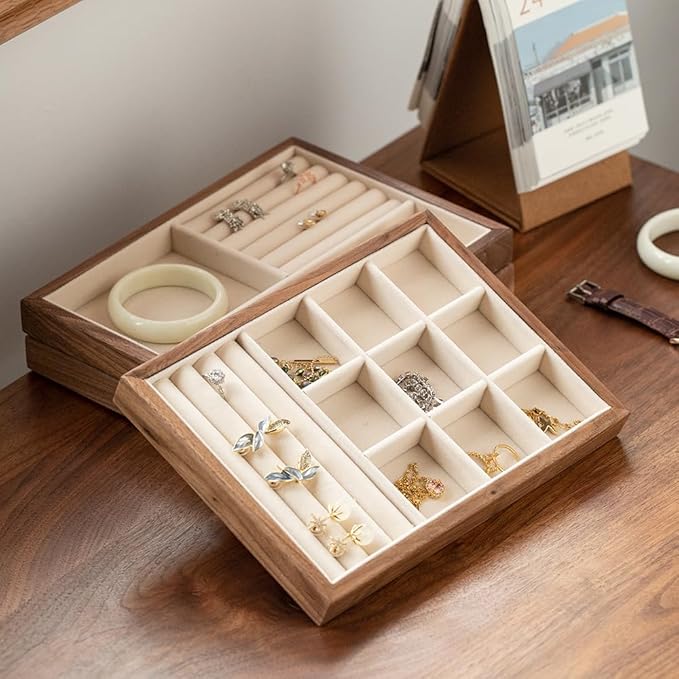 9 Grid +3 Line Black Walnut Wooden Jewelry Tray Organizer with Velvet Lining - Premium Jewelry Storage for Rings, Earrings, Brooches, LuxuryJewelry Drawer Organizer & Display Tray