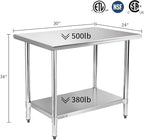 STABLEINK NSF Stainless Steel Table, 24 x 30 Inches Metal Prep & Work Table with Adjustable Undershelf, for Commercial Kitchen, Restaurant, Hotel and Garage